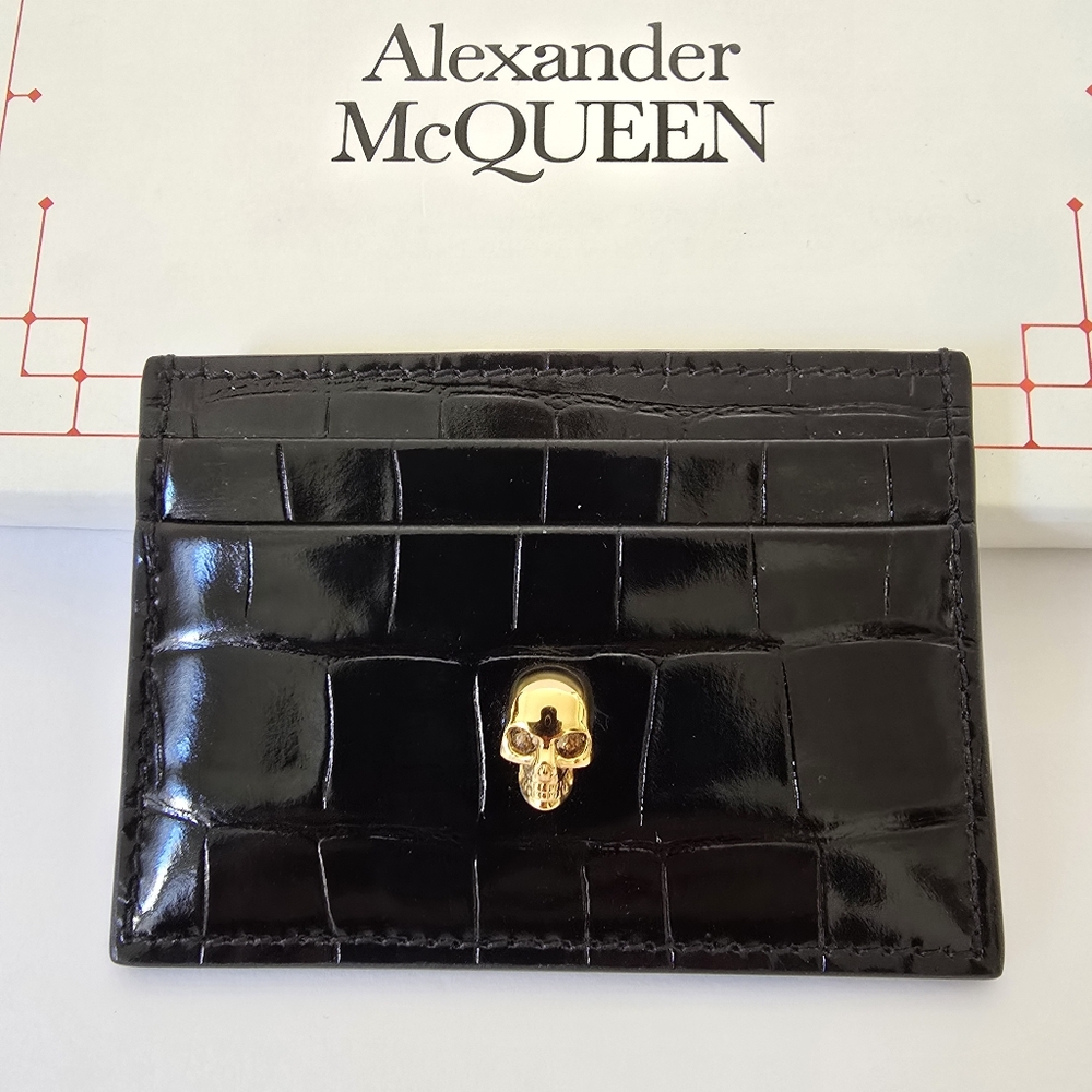 Alexander McQueen Skull Croc Embossed Leather Card Holder Black